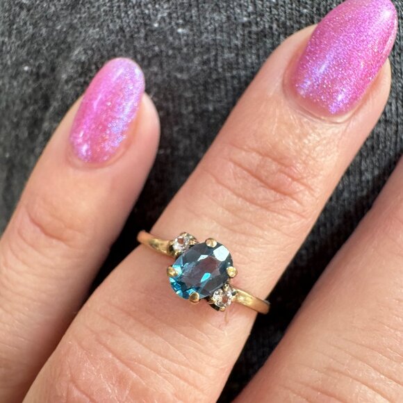 Antique 10k Blue Topaz and Diamond Ring Solid Gold - Picture 4 of 10